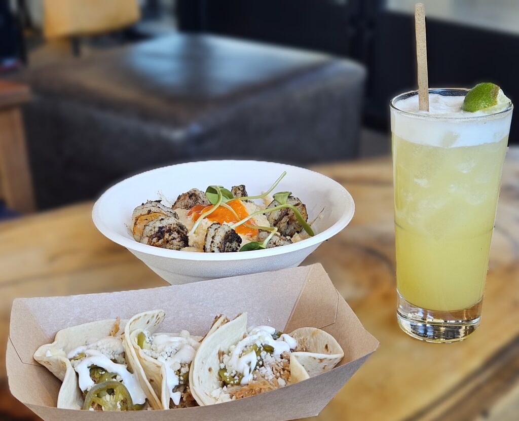 Texas Spirits: Image of street tacos, shrimp and grits, and a handmade cocktail.