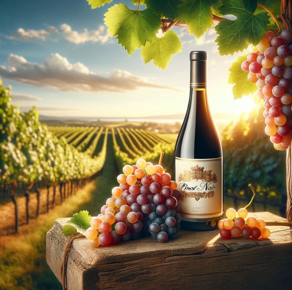 Texas Wine vineyard landscape with a bottle of Pinot Noir in the foreground on a table.